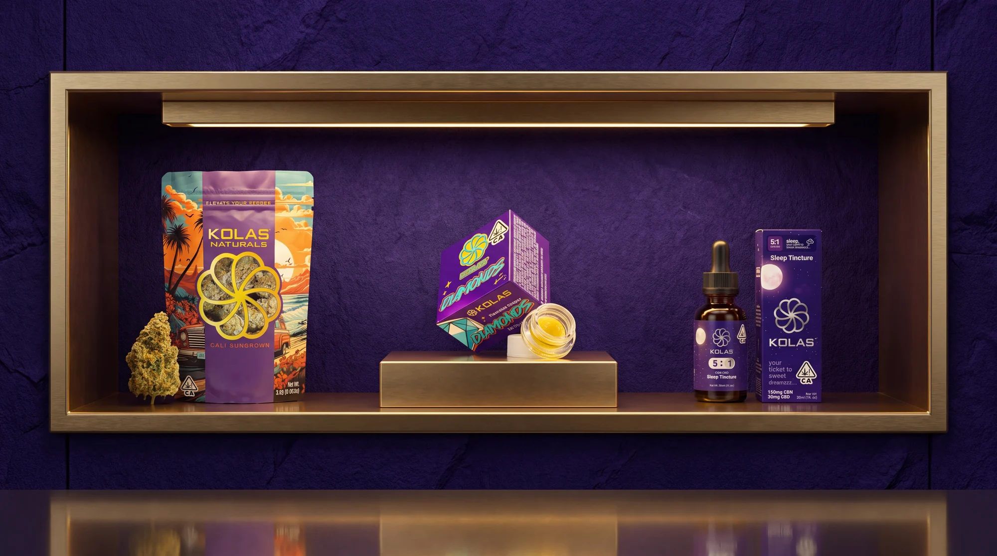 KOLAS Naturals flower, KOLAS Diamonds concentrate and the KOLAS 5:1 Sleep Tincture on a lit gold shelf