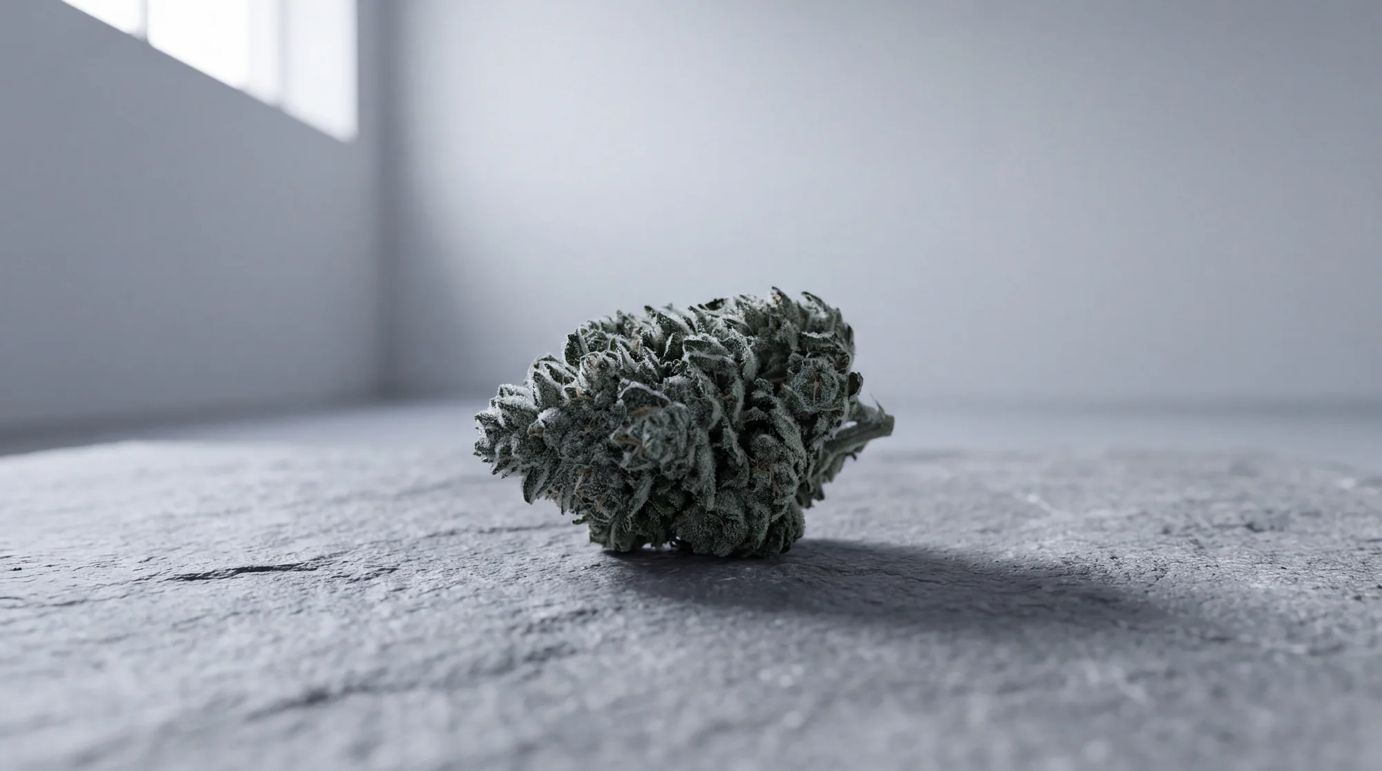 A single Modern Reverie cannabis flower bud on pale concrete in cold window light, macro