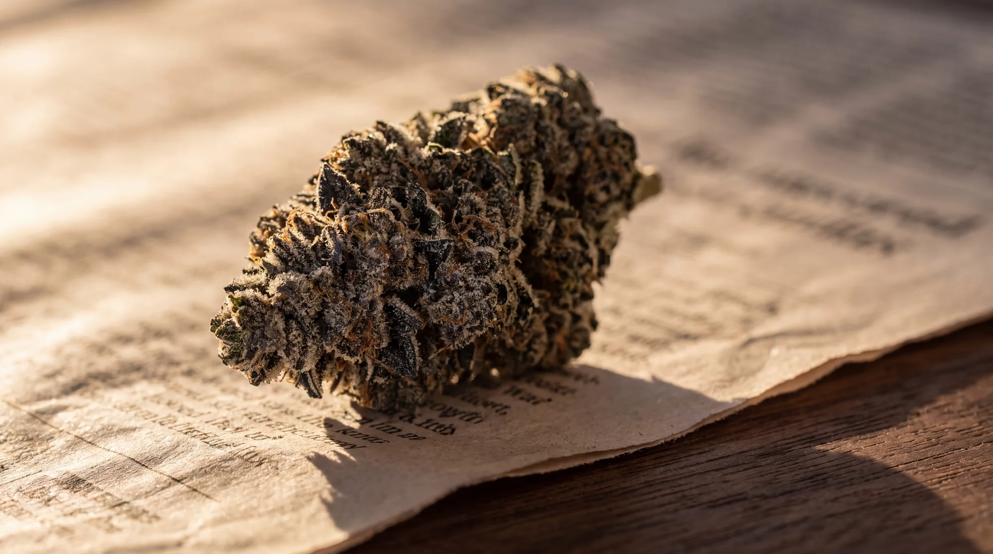 A cannabis flower bud resting on newsprint in warm morning window light, macro