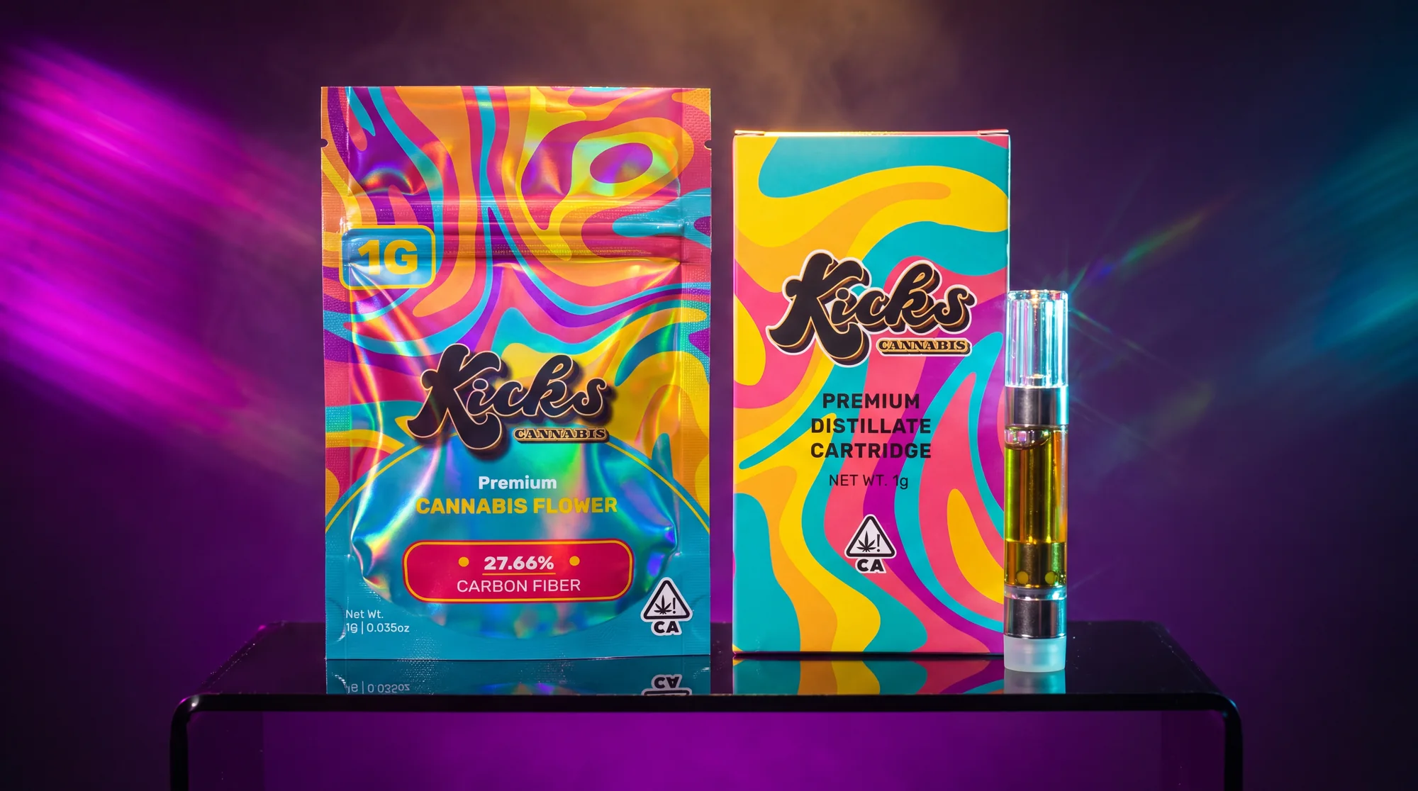 A KICKS Premium Cannabis Flower pouch, a KICKS distillate cartridge box and the cartridge itself on black acrylic under coloured light