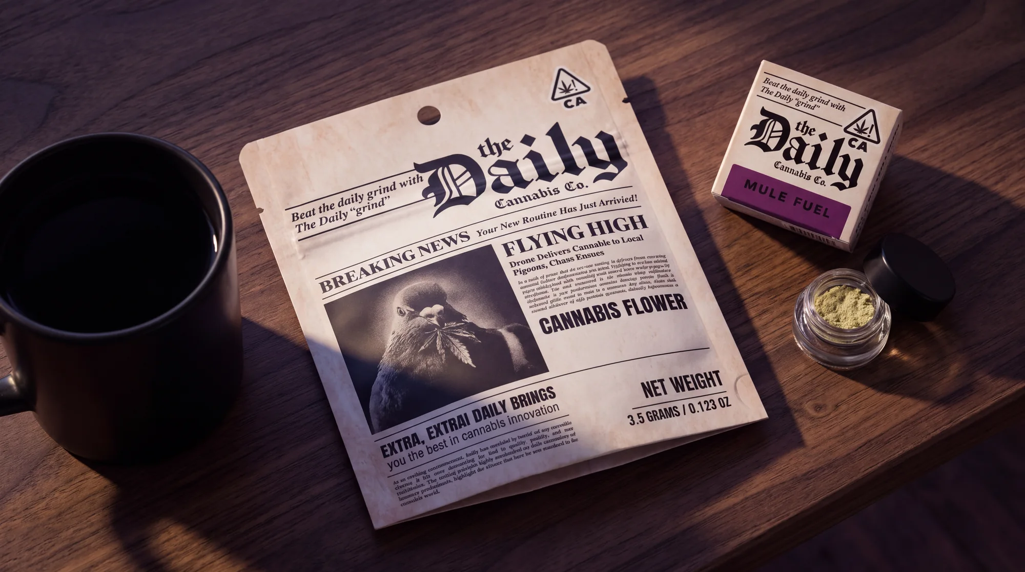 A newsprint-styled The Daily pouch on a walnut table beside black coffee, a Mule Fuel box and a jar of hash