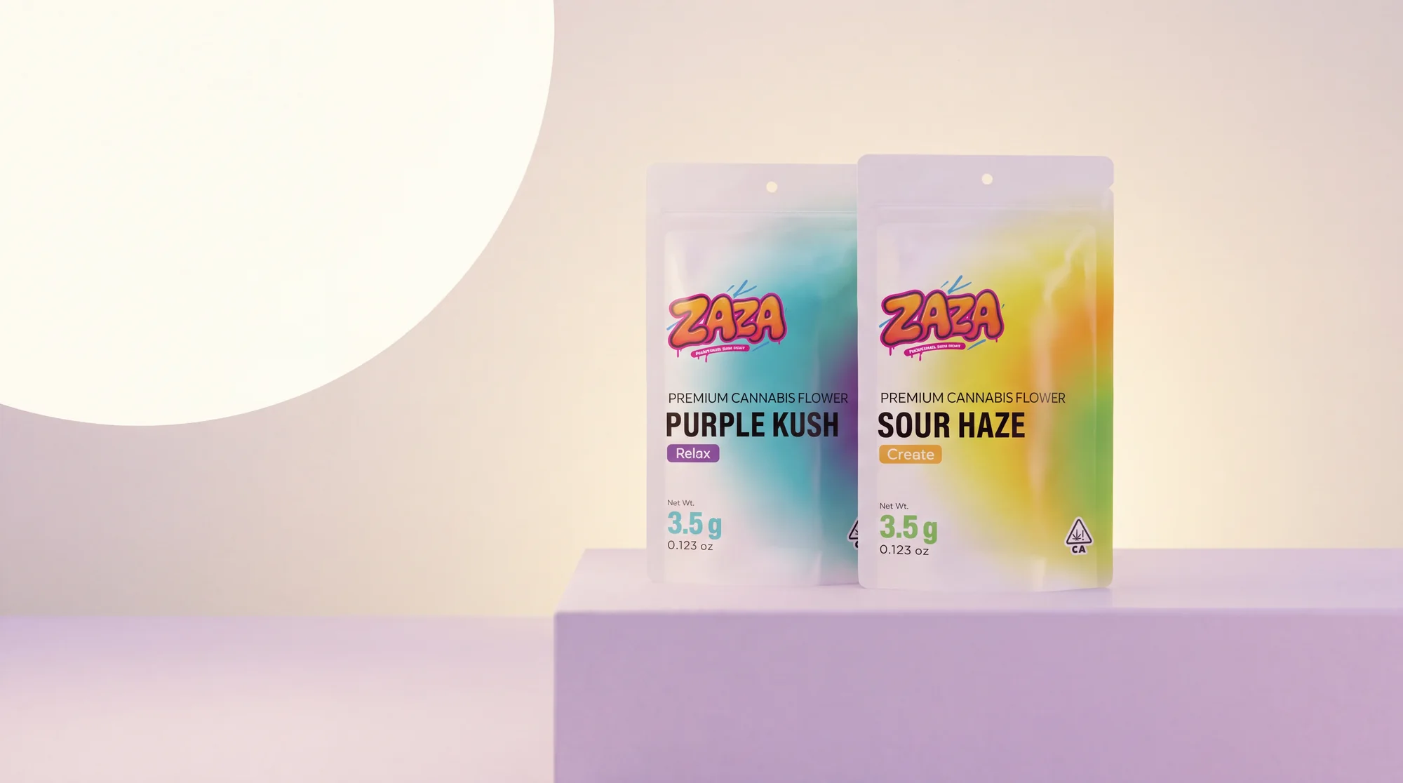 Two ZAZA pastel gradient 3.5g flower pouches on a pale lilac plinth in soft diffused light