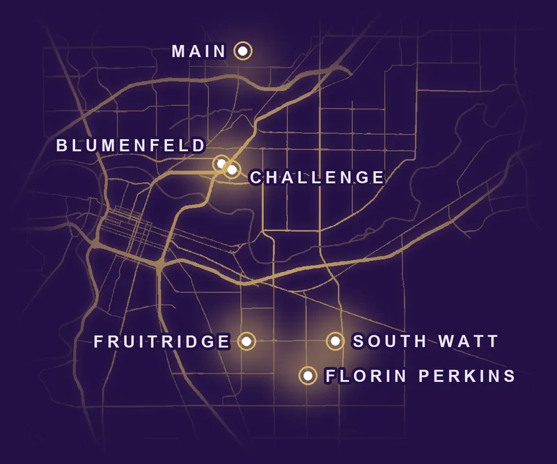 Map of Sacramento with the six KOLAS shops: Main in North Sacramento, Blumenfeld and Challenge in Arden, Fruitridge, South Watt and Florin Perkins in South Sacramento.