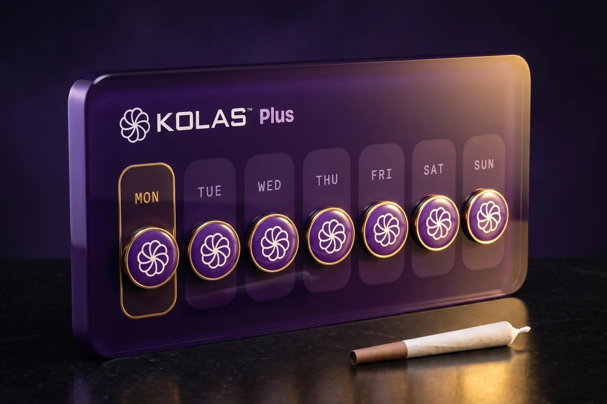 A glass KOLAS Plus display showing the week from Monday to Sunday, one pinwheel coin per day, with a mini pre-roll on the floor in front of it.